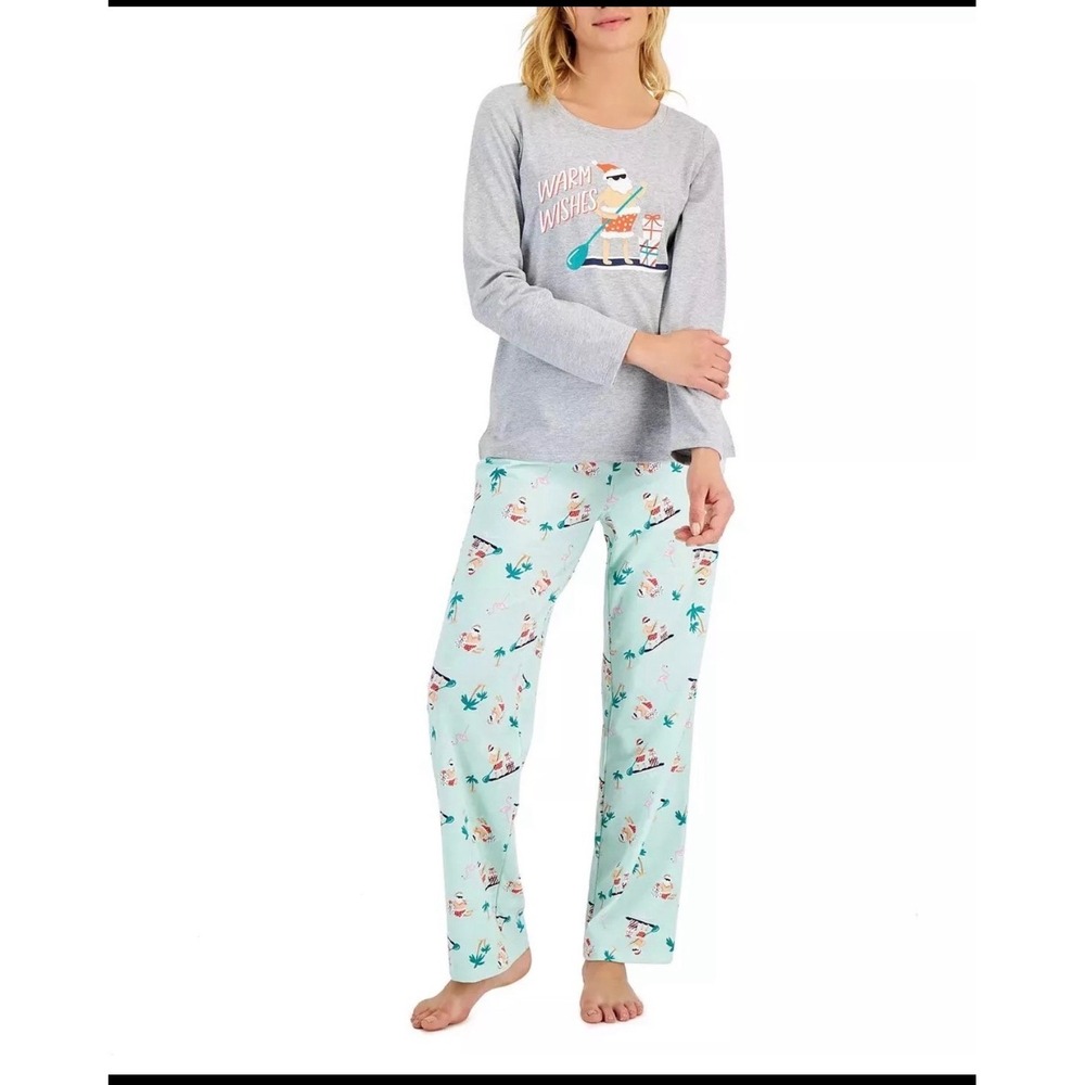 Women's Pre-Packaged Christmas Pajama Set Warm Wishes Santa Mint Grey XL NWT